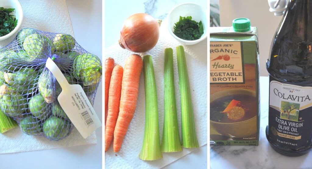 Ingredients are laid on the counter, a bad of fresh brussels sprouts, carrots, stalks of celery, onion, parsley, olive oil, and vegetable broth.