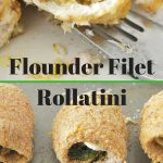 Three filets of flounder stuffed and rolled up and placed on a baking sheet.