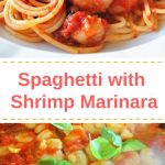 A white plate filled with spaghetti with tomato sauce topped with shrimp and fresh basil leaves.