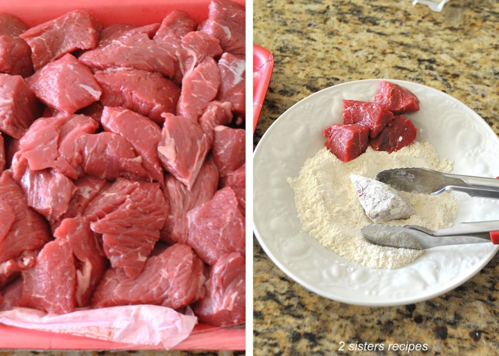 Raw chunks of beef in a package, and a white plate with some flour for dusting the raw chunks.