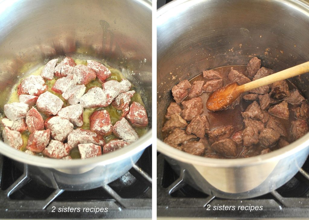 A silver pot cooking the flour coated beef chunks. by 2sistersrecipes.com