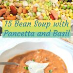 A bowl of creamy 15 bean soup, and a colander filled with mixed beans rinsed under running water.