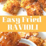 Fried ravioli served on a white plate with a small bowl of tomato sauce for dipping.