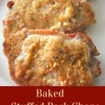 Three pork chops stuffed and coated with bread crumbs, and baked until golden brown. Served on a white plate.
