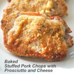 Pork chops stuffed and coated with bread crumbs and baked until golden. Served on a white plate.