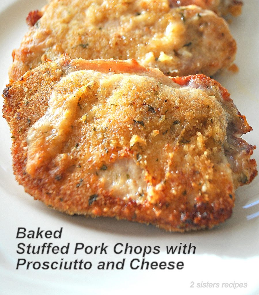 Pork chops stuffed and coated with bread crumbs and baked until golden. Served on a white plate.