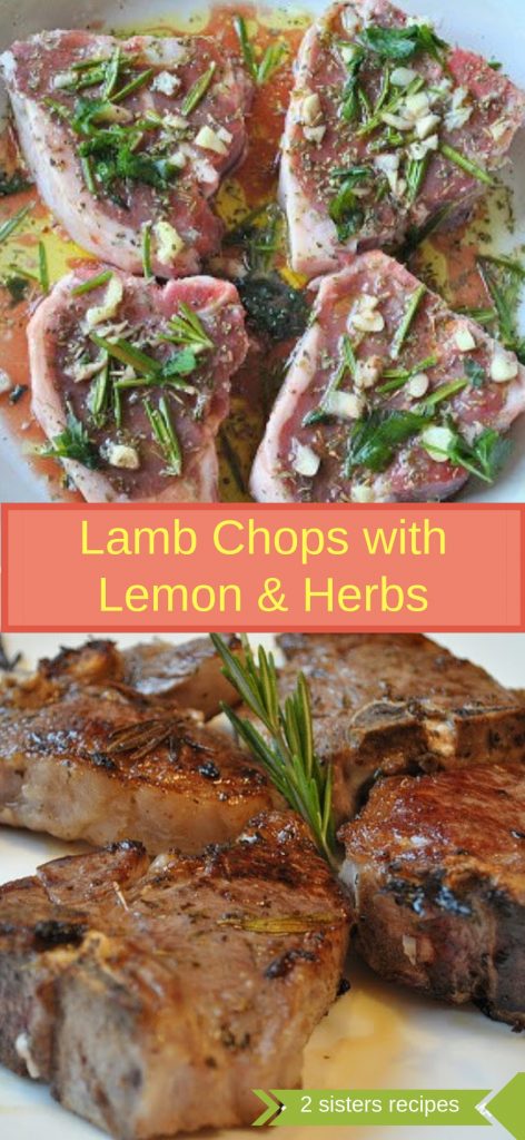 Raw Lamb Chops seasoned before grilled, then 4 grilled lamb chops on a white plate.  