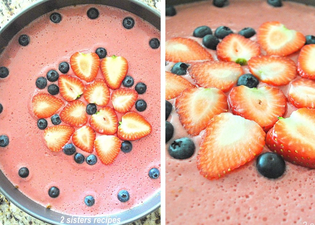 2 close-up photos of Lemon Raspberry Panna Cotta Cheesecake by 2sistersrecipes.com