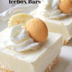 A white platter with a serving of frozen banana icebox bars topped with dollop of whipped cream, a cookie and slice of banana.