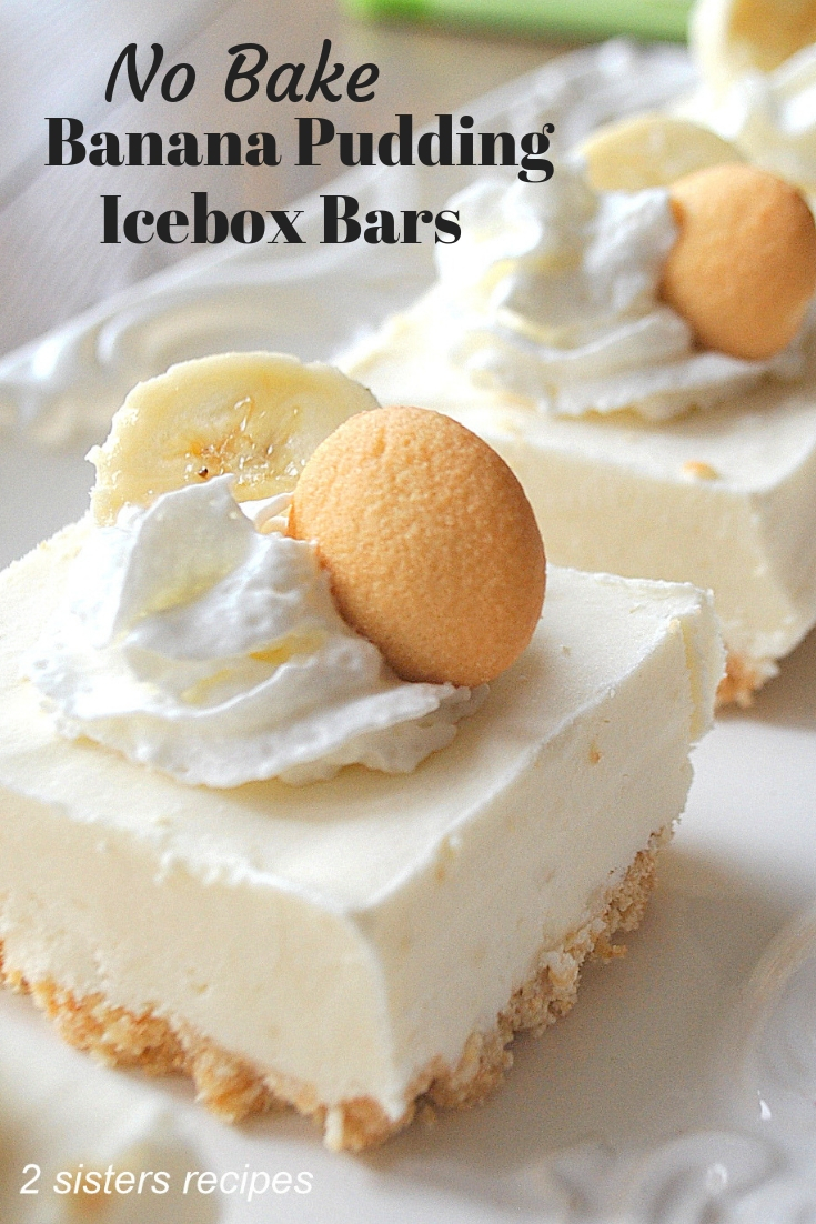 A white platter with a serving of frozen banana icebox bars topped with dollop of whipped cream, a cookie and slice of banana.