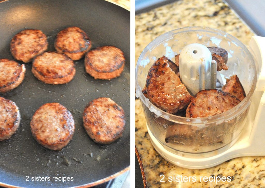 Breakfast sausage patties cooking in a skillet, and then into a food chopper to crumble them.  by 2sistersrecipes.com