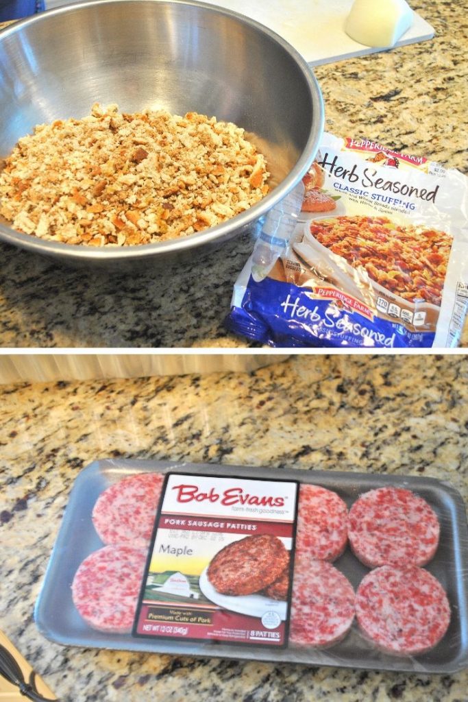 2 photos with a silver bowl filled with package of stuffing mixture and a package of breakfast sausages. by 2sistersrecipes.com