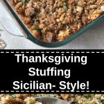A casserole dish filled with a brown stuffing for Thanksgiving.