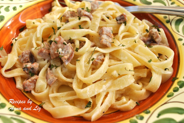 Classic Fettuccine Alfredo with Sausage by 2sistersrecipes.com 