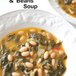 A white bowl of soup made with white beans and Swiss Chard.
