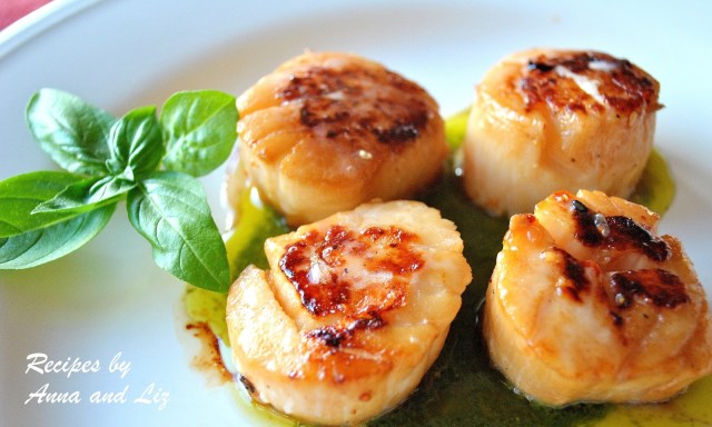 Seared Sea Scallops Over Pesto Sauce by 2sistersrecipes.com 