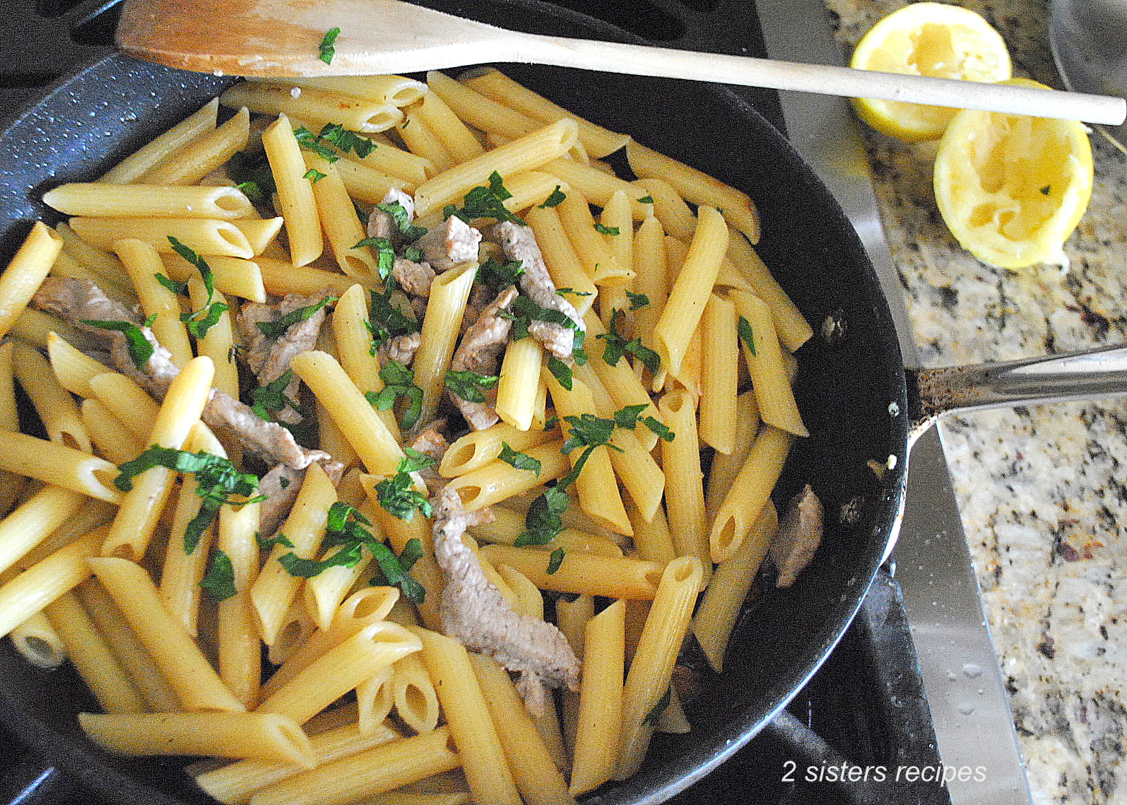 Pasta with Veal in Lemon Sauce by 2sistersrecipes.com