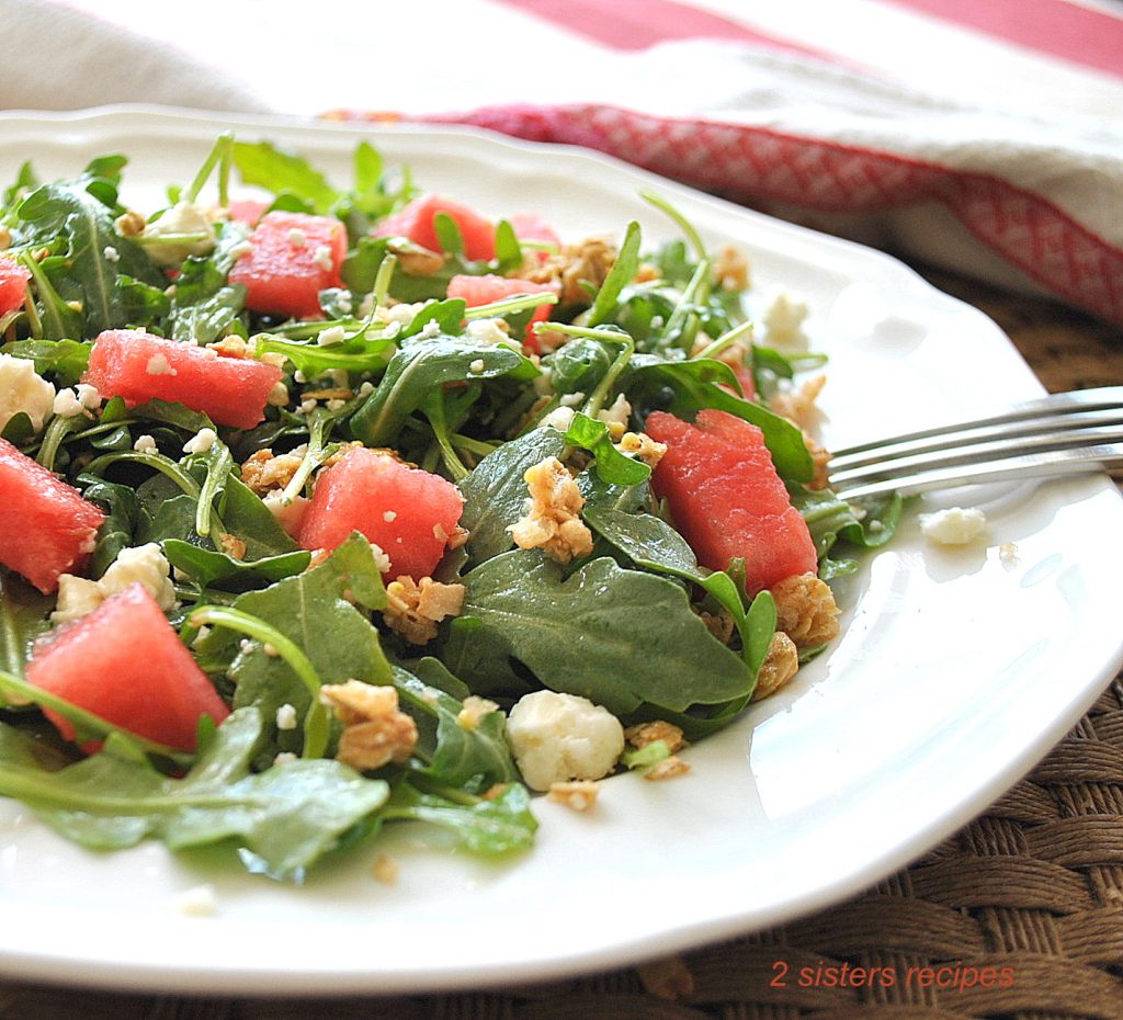 Baby Arugula Watermelon Granola Salad by 2sistersrecipes.com