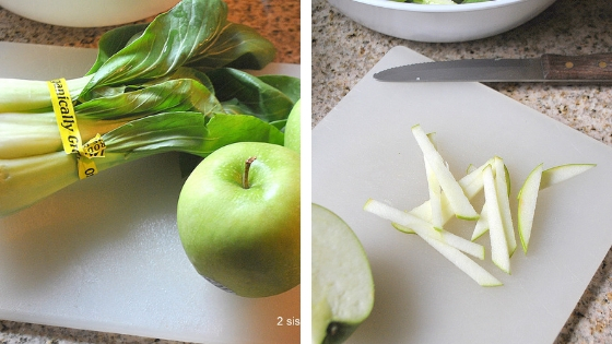 Two photos, one of sliced apples, and bok choy on a white board,. 