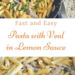 A skillet filled with cooked penne pasta with strips of veal in a lemon cream sauce.
