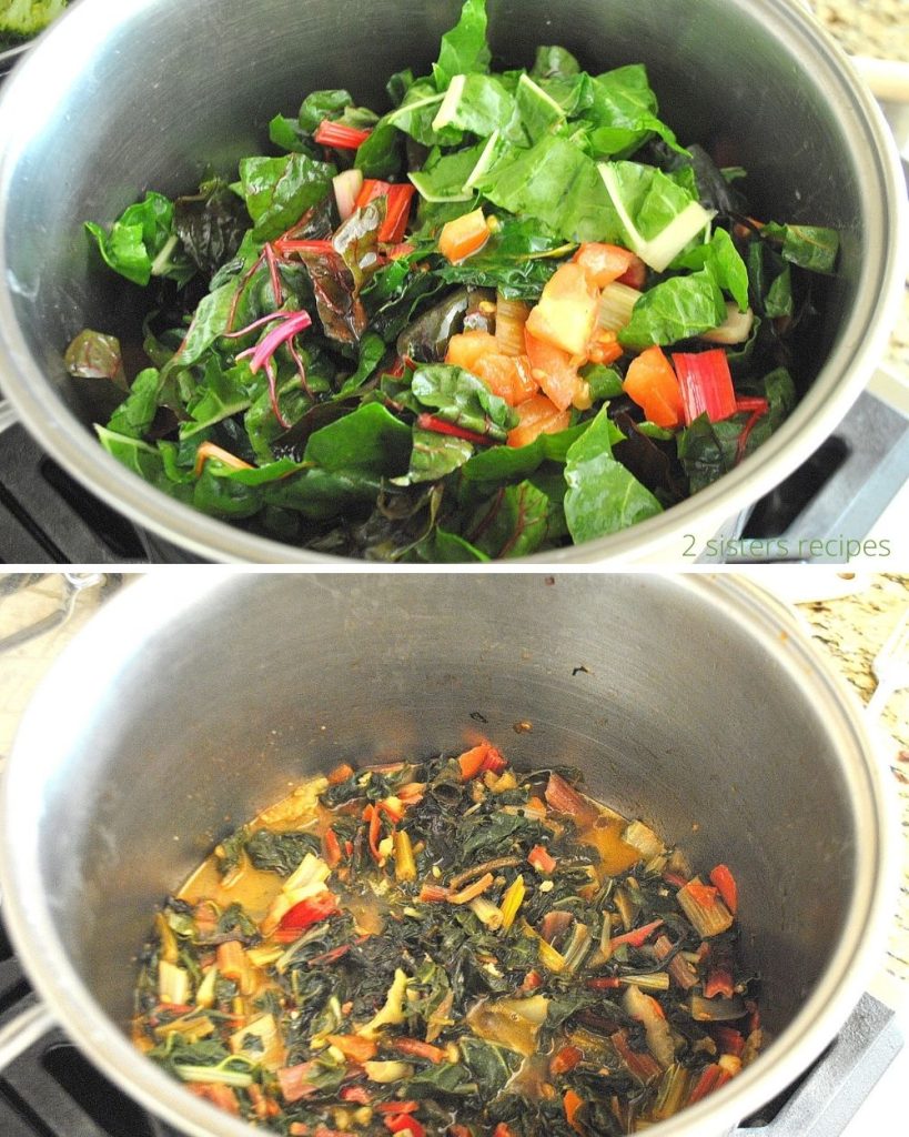 Two photos of leaf greens, in a large pot, raw and then fully cooked. by 2sistersrecipes.com