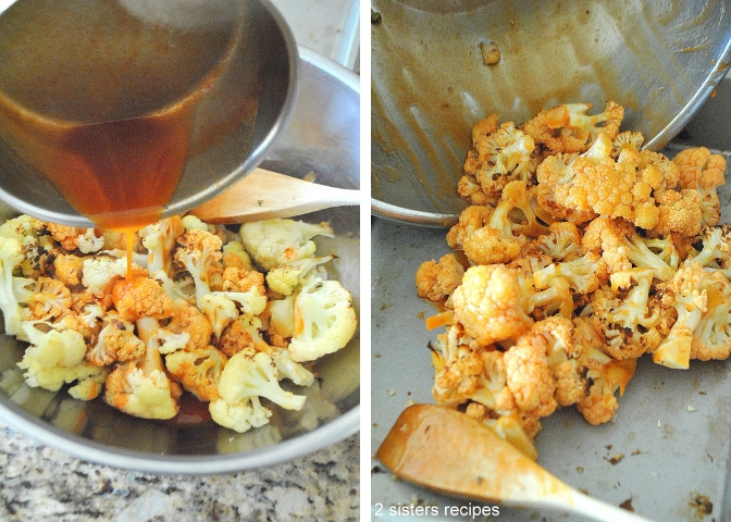 Pouring buffalo sauce over the baked cauliflower in mixing bowl, Then transfer them back to baking.  by 2sistersrecipes.com