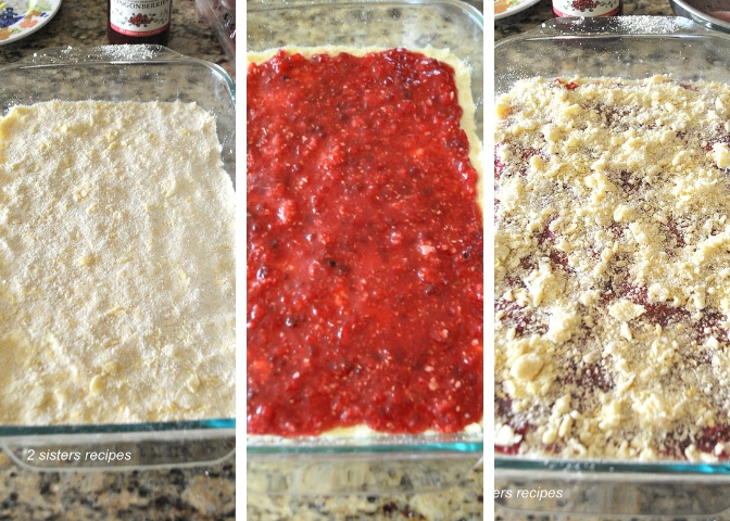 A glass baking dish with a butter crust, then raspberries filling layer, then topped with a crumble. 