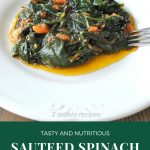 A white plate filled with a serving of sautéed spinach and tomatoes.