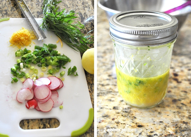 Photos of the ingredients and dressing in a small mason jar. by 2sistersrecipes.com 