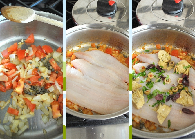 In a skillet, steps of cooking the veggies and Dover Sole. by 2sistersrecipes.com 