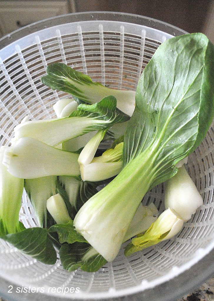 Raw Bok Choy is rinsed and placed into a colander to drain. 