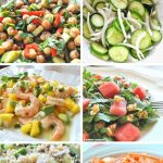 6 different salads served in white salad bowls.