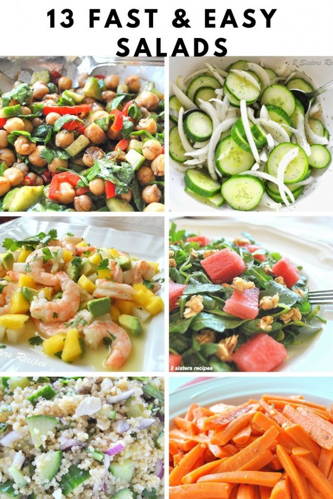 6 different salads served in white salad bowls.