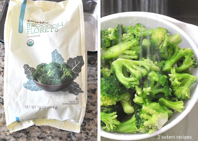 2 photos showing package of frozen broccoli and in a colander.  by 2sistersrecipes.com