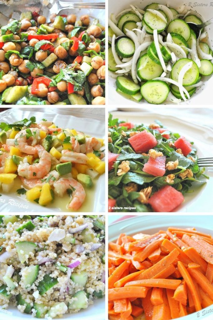6 different vegetable salads served in white salad bowls.