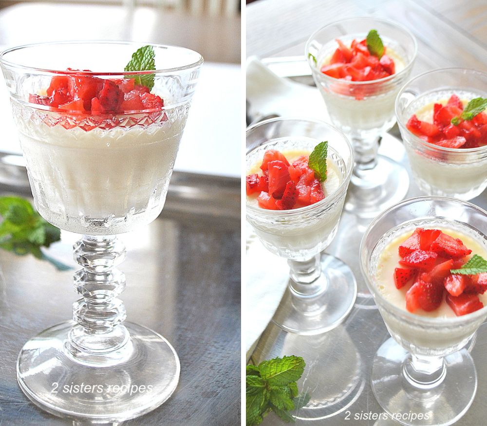Two photos of cordial glasses filled with white custard and topped with chopped strawberries. by 2sistersrecipes.com