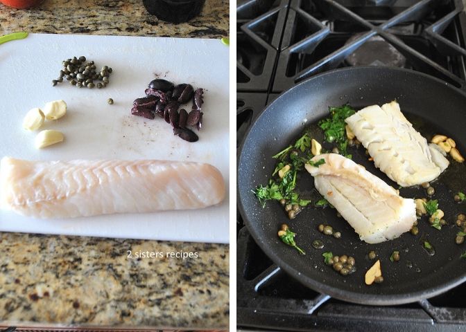 Ingredients on a white board, and cod sauteed in a large skillet.  by 2sistersrecipes.com