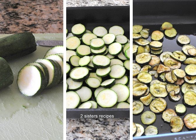 Slicing zucchini into round disks, then into the roasting pan to roast. 