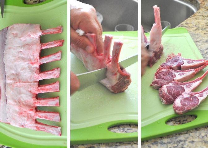 Slicing a rack of lamb on a green cutting board. by 2sistersrecipes.com