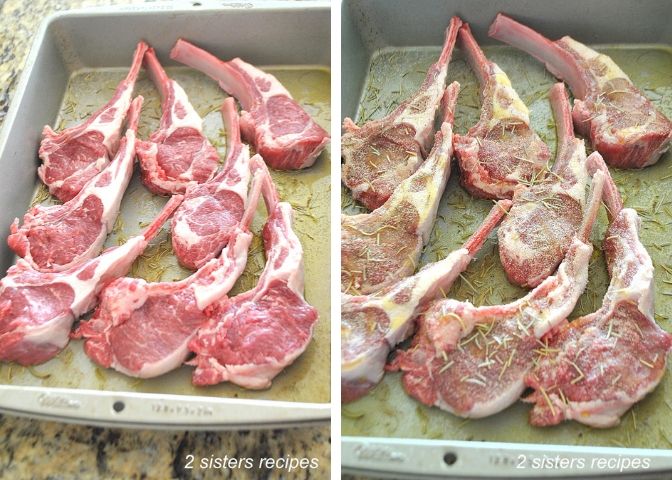 Raw sliced chops are marinated in a baking pan.  by 2sistersrecipes.com