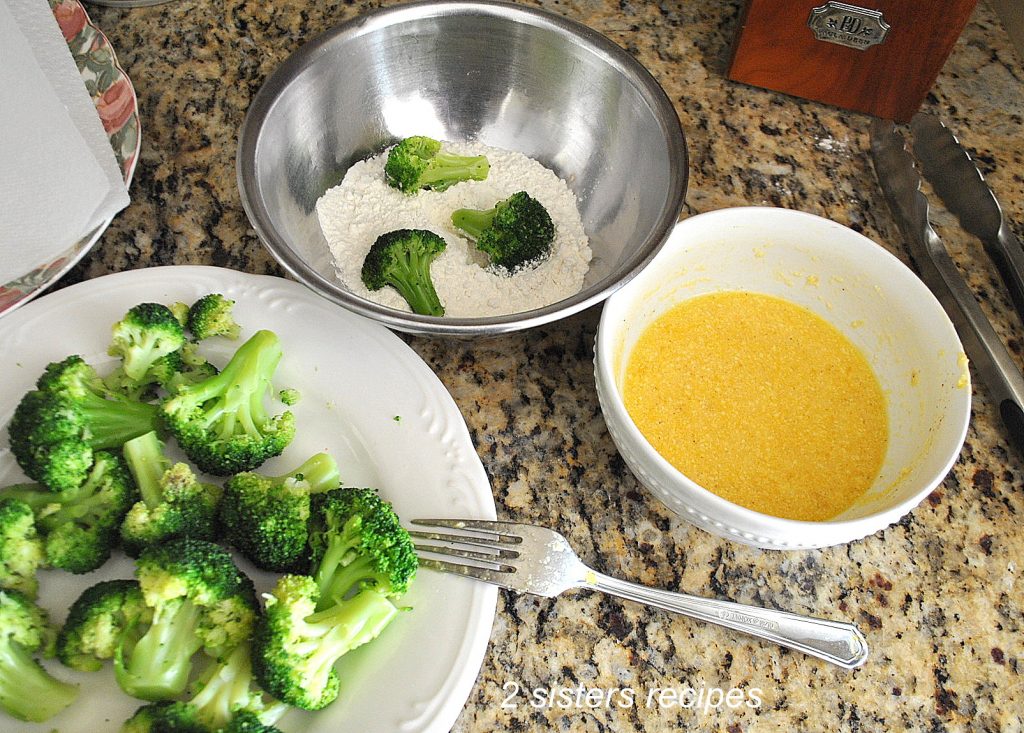 Ingredients in 2 bowls and 1 plate with broccoli florets. by 2sistersrecipes.com