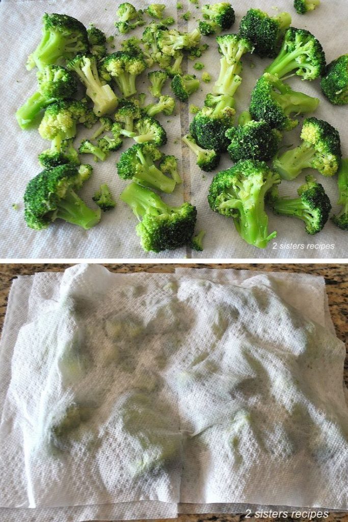 Frozen broccoli florets thawing on paper towels. by 2sistersrecipes.com