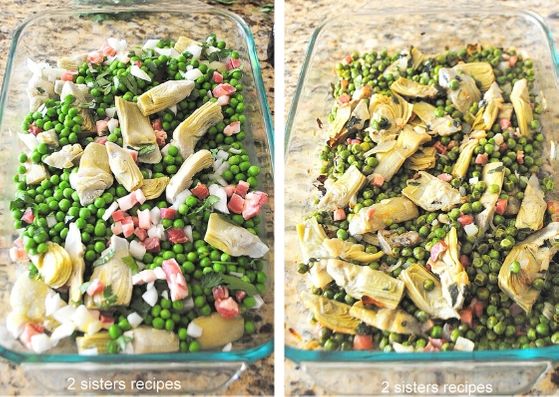 A photo of baking pan loaded with a mixture of peas and artichoke hearts. by 2sistersrecipes.com