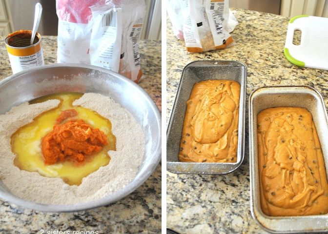 Two photos showing the bowl with mixture, and the other in bread pans. by 2sistersrecipes.com 