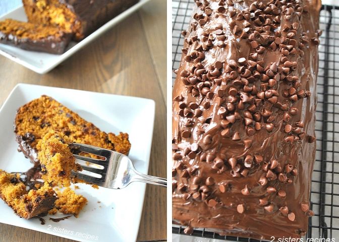 A slice of pumpkin bread on a dish, and the other photo with the full loaf of bread covered in chocolate. by 2sistersrecipes.com 