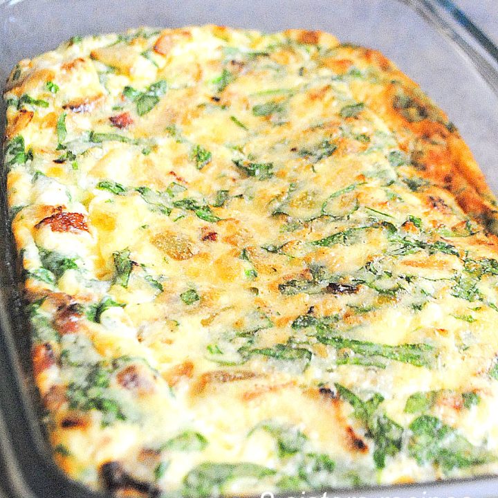 A baked breakfast casserole with spinach, egg whites and pancetta.