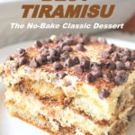 A slice of tiramisu served on a white plate.