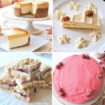 A cake with cranberry frosting, a slice of cheesecake, crumble bars and pumpkin cheesecake served on white plates.