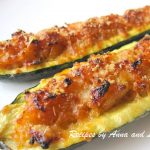 2 zucchini boats stuffed with quinoa and cheese.