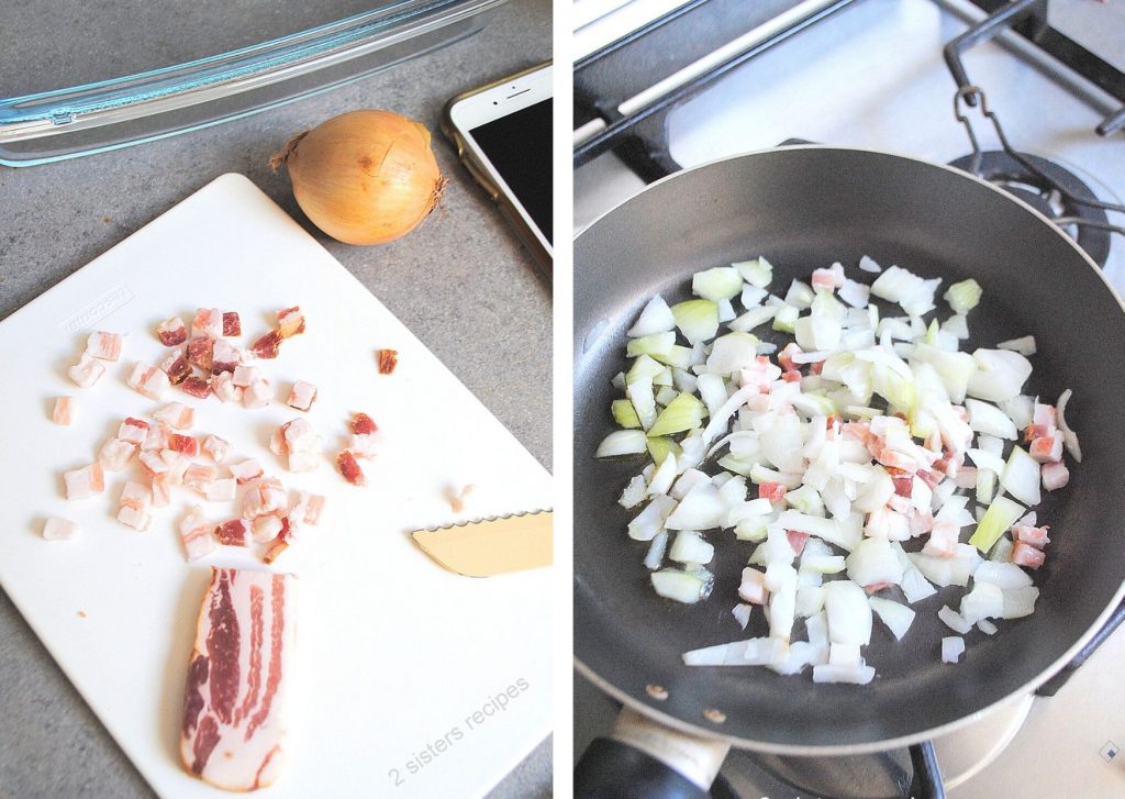 Chopping pancetta on a white board and a skillet with onion and pancetta. by 2sistersrecipes.com 